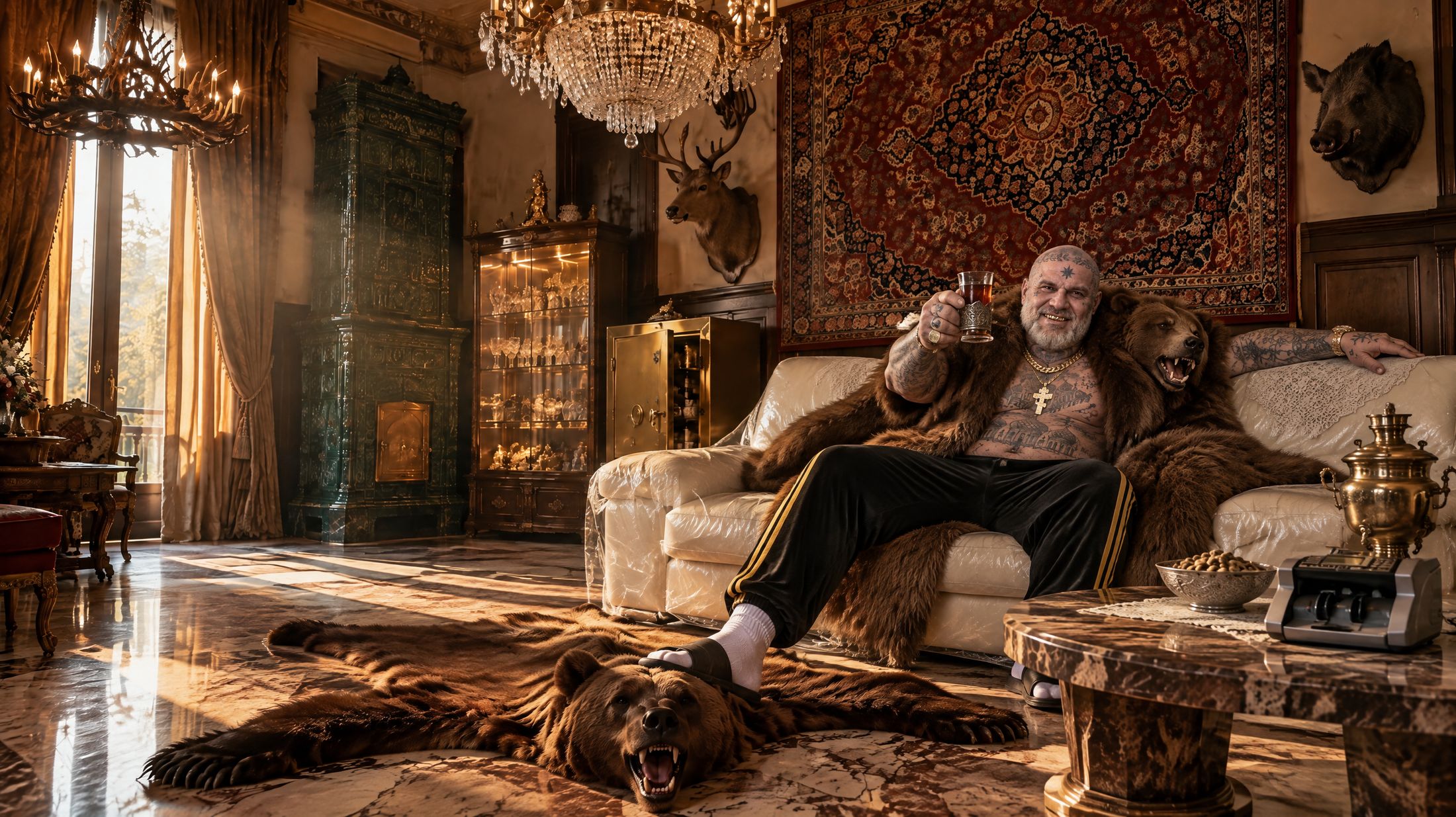 Yaroslav, a huge tattooed man in a bear-pelt coat and gold chains, sprawled on a plastic-wrapped sofa in a room full of crystal, carpets and hunting trophies, raising a glass of tea